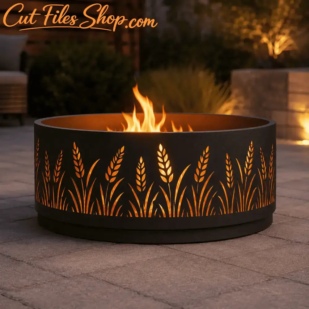 Round steel fire pit featuring a laser-cut wildflower pattern
