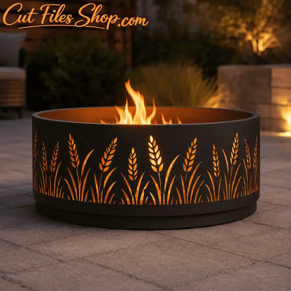 Round steel fire pit featuring a laser-cut wildflower pattern