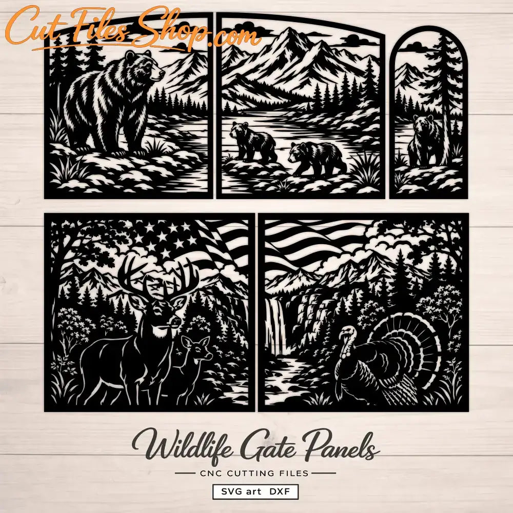 Wildlife SVG DXF gate files with bears, deer, turkey and American mountain scenery