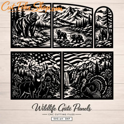 Wildlife SVG DXF gate files with bears, deer, turkey and American mountain scenery