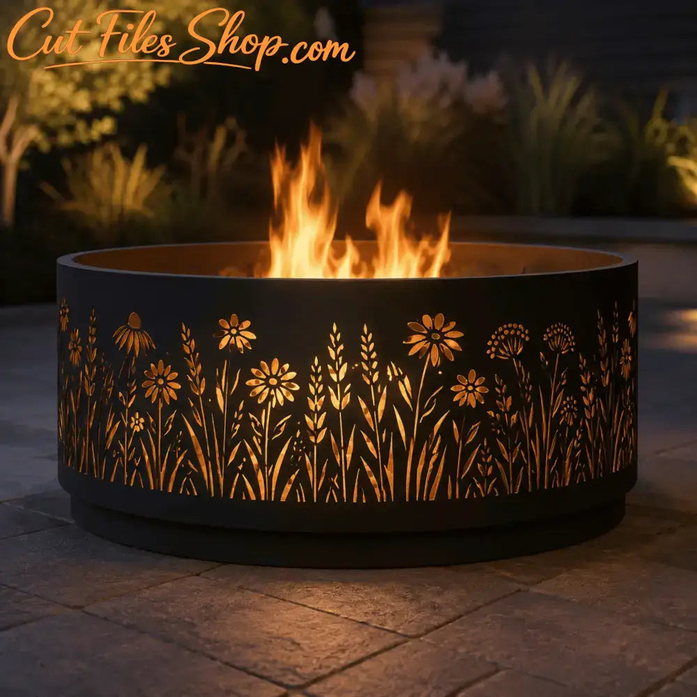 Floral scroll laser cut insert installed in a modern metal FIRE PIT