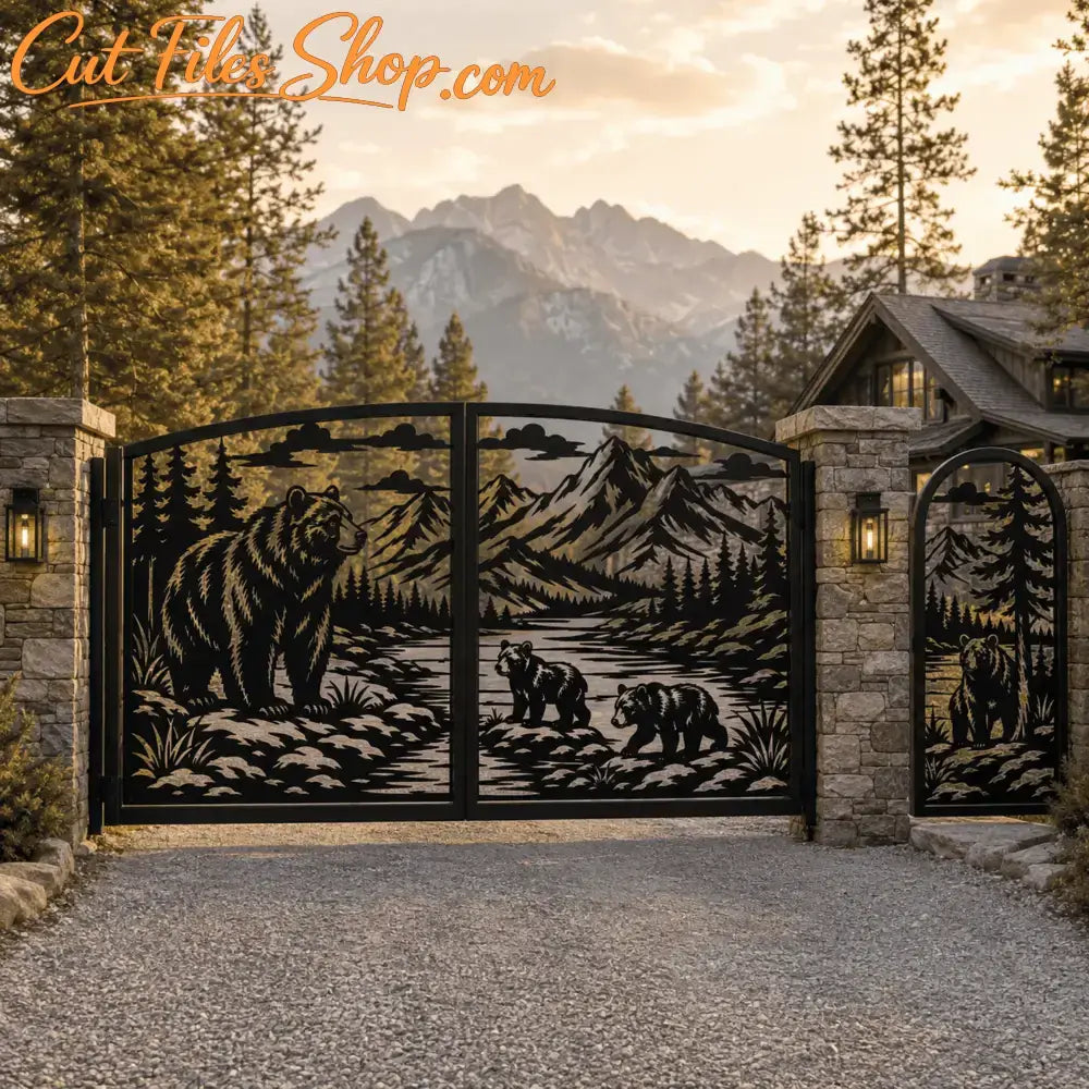 Bear family double metal gate and matching pedestrian gate CNC design