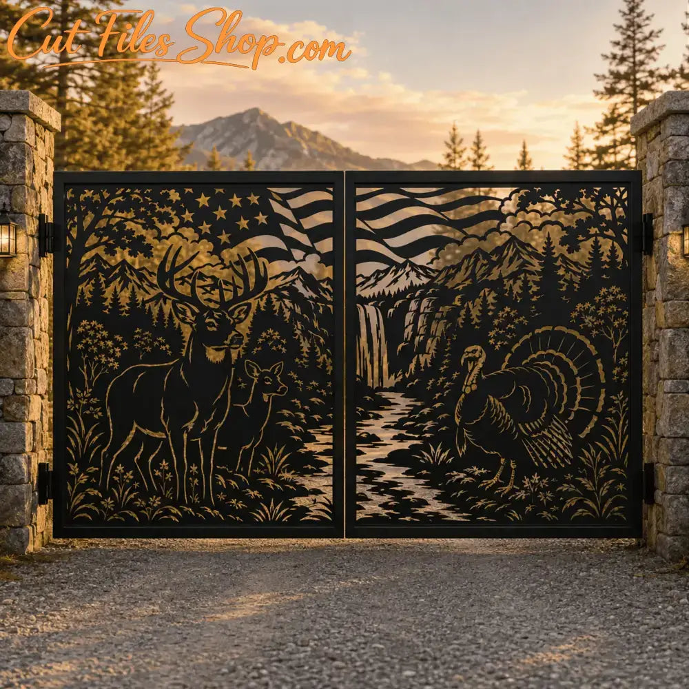 Deer and wild turkey metal driveway gate with American flag and waterfall