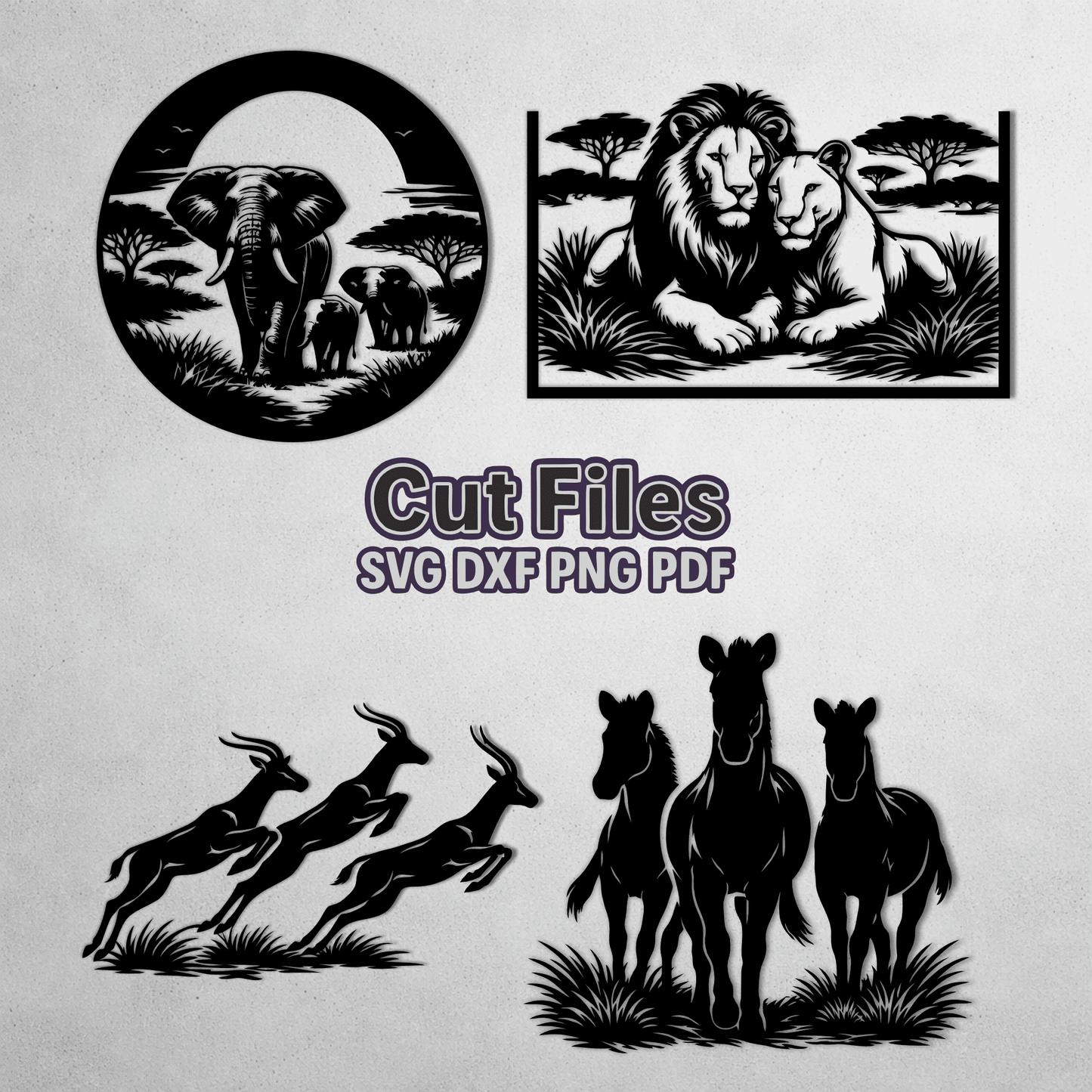 Savannah wildlife SVG bundle with lion elephant antelope and horses for CNC plasma cutting