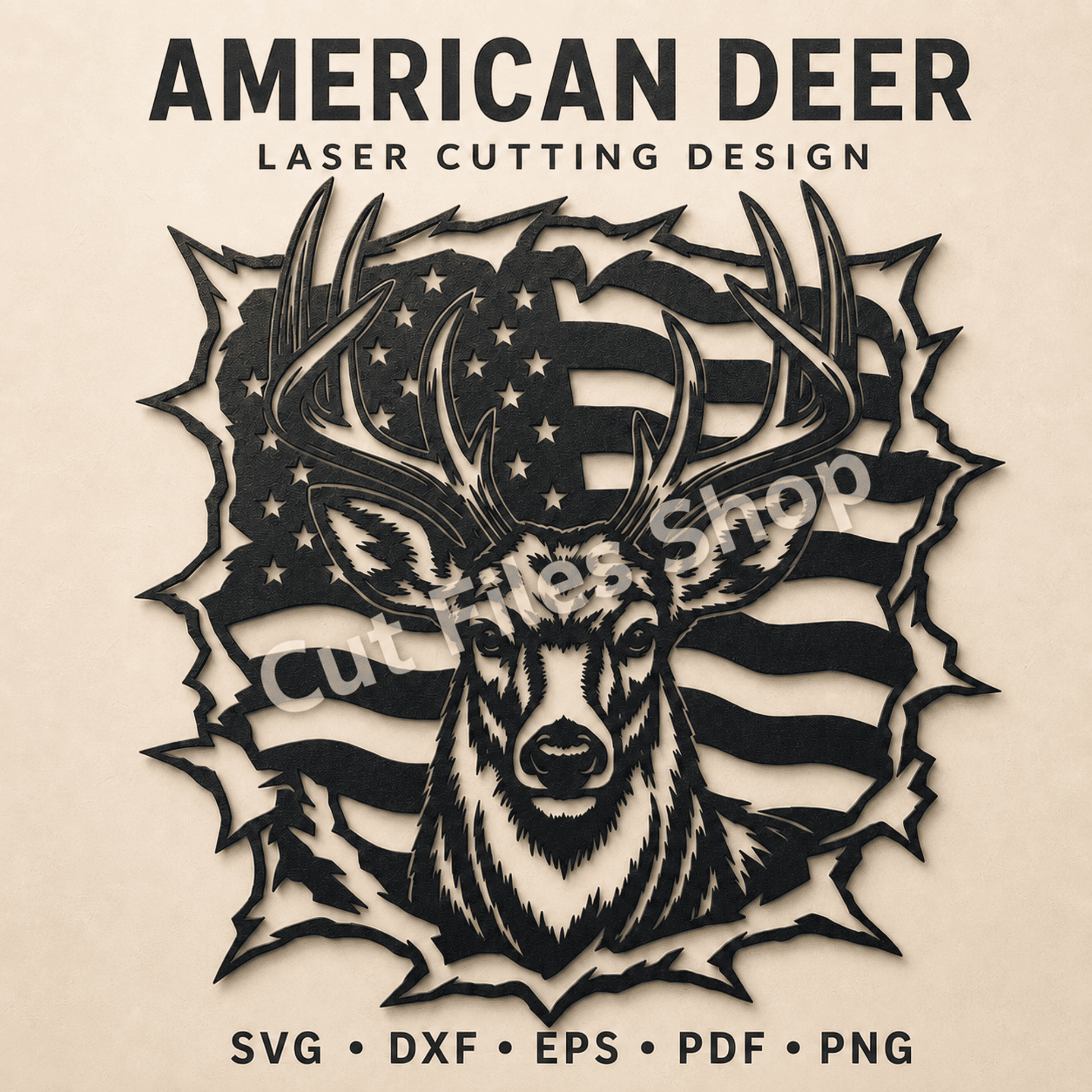 American deer SVG and DXF design featuring a whitetail buck and USA flag