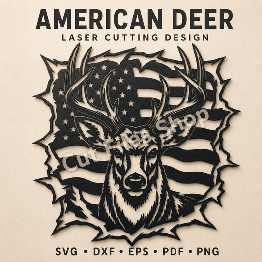American deer SVG and DXF design featuring a whitetail buck and USA flag
