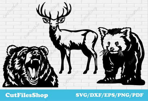 Wild Animals DXF cutting files, Bear svg dxf, Deer cut files for Cricut, Himalayan red panda svg, T-shirt print design, animals for t-shirt, wild animals for sublimation, animals plasma cnc files, animals art dxf, animals wall art, wildlife wall decor dxf, cricut art