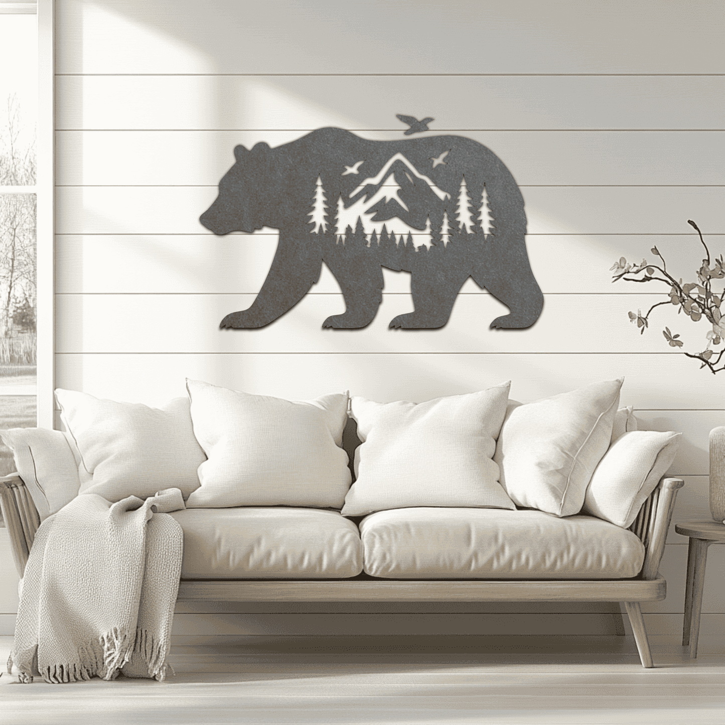 Bear silhouette with mountain forest scene