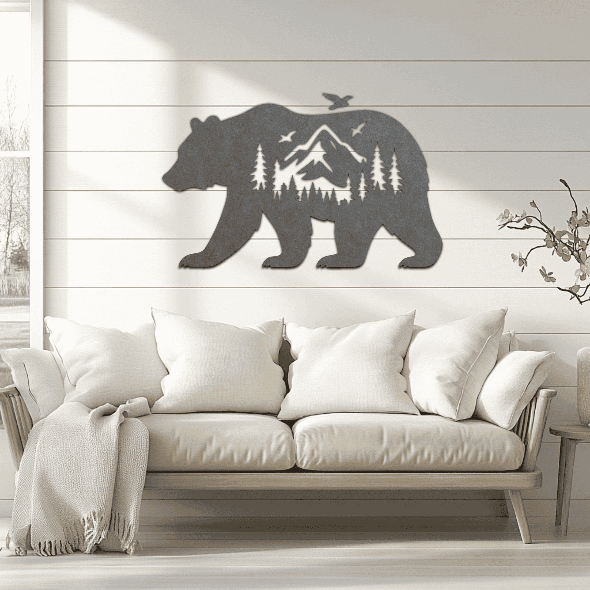 Bear silhouette with mountain forest scene