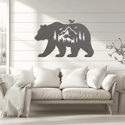 Bear silhouette with mountain forest scene