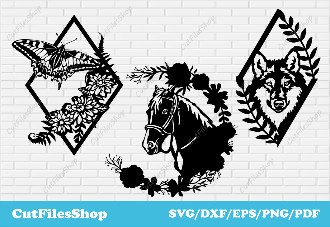 Animals with flowers dxf for laser cut, animals wall art, home decor dxf for plasma, Digital wall decor, dxf format, animals art dxf, horse with flowers svg dxf, butterfly with flowers svg, wolf with flowers svg, flowers vector art, flowers decor dxf, Animals art dxf for cutting, Home decor dxf, Digital cut files, DXF files ready to cut, SVG files for cricut, Download CNC files, geometric decor dxf