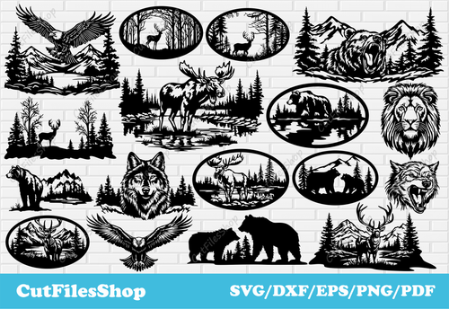 Animals scene dxf for Laser and Plasma cutting, oval nature scenes for decor making, dxf for cnc, wildlife scenes svg for cricut, bear scenes dxf, bear art svg, oval decor dxf, oval animals for laser dxf, moose dxf, deer dxf, eagle dxf, lion svg, wolf scene dxf, cnc plasma cutting, cnc designs, free dxf cut files, free svg animals, vector animals, png nature for sublimation