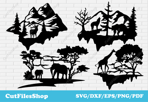 Animals scenes dxf for laser cutting, mountains scenes dxf, popular svg files, forest scenes dxf, pine tree dxf, Mountains scenes svg for cricut, Decor Making dxf, Wall stickers making svg, forest scenes dxf, sunset scenes dxf, giraffe dxf, deer dxf, elephats scenes dxf, wolf dxf, bear scenes dxf, trees scenes dxf, clip art dxf