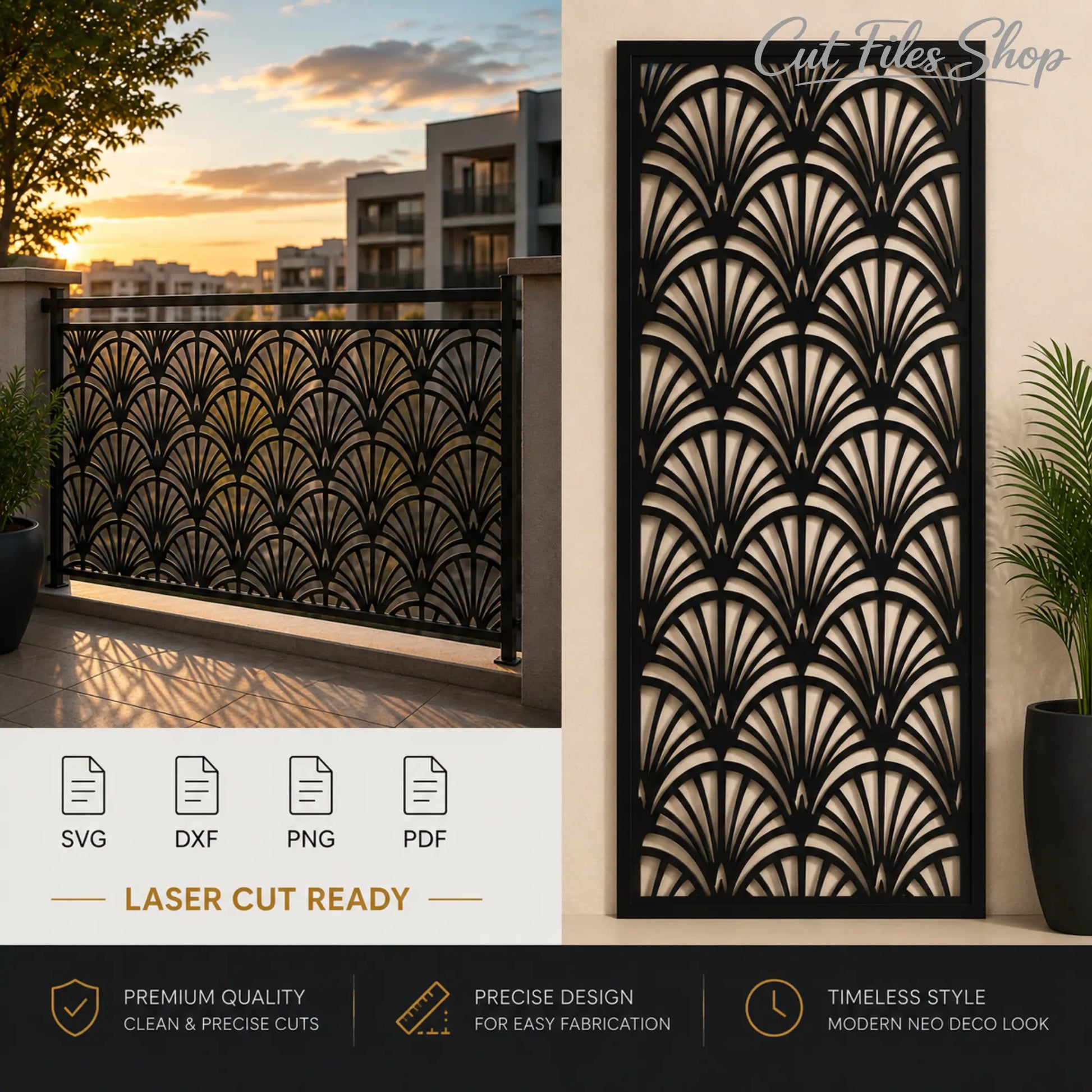 Art Deco balcony railing panel SVG DXF laser cut design for CNC plasma.