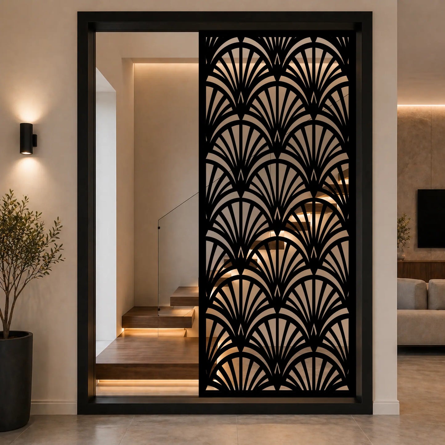 Decorative laser cut wall panel with fan pattern design.