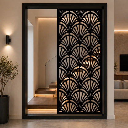Decorative laser cut wall panel with fan pattern design.