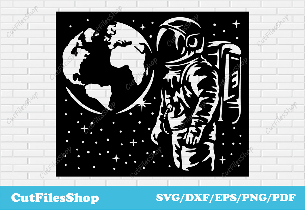 Astronaut in space svg file for cricut, panels dxf for plasma cut, cnc cutting design, dxf for router, stars svg, earth dxf, screen dxf for laser cut, panel cnc designs for plasma cut, art panels dxf, t shirt printing, wall art dxf, decal dxf svg files