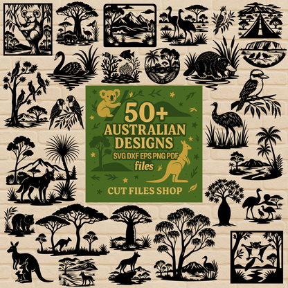 Australian wildlife SVG bundle preview with koala, kangaroo and native trees