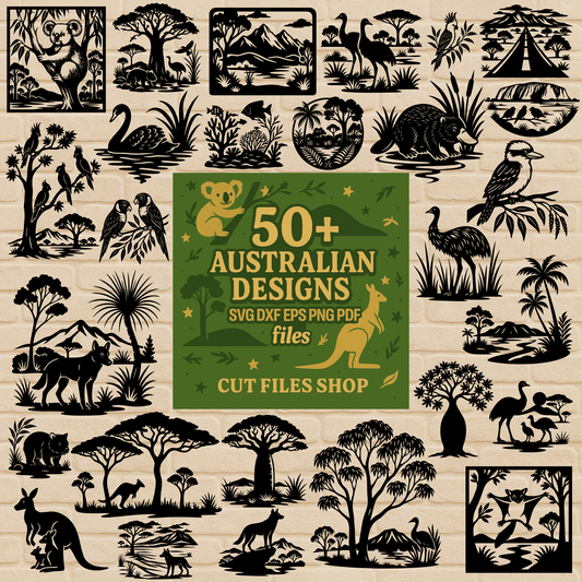 Australian wildlife SVG bundle preview with koala, kangaroo and native trees