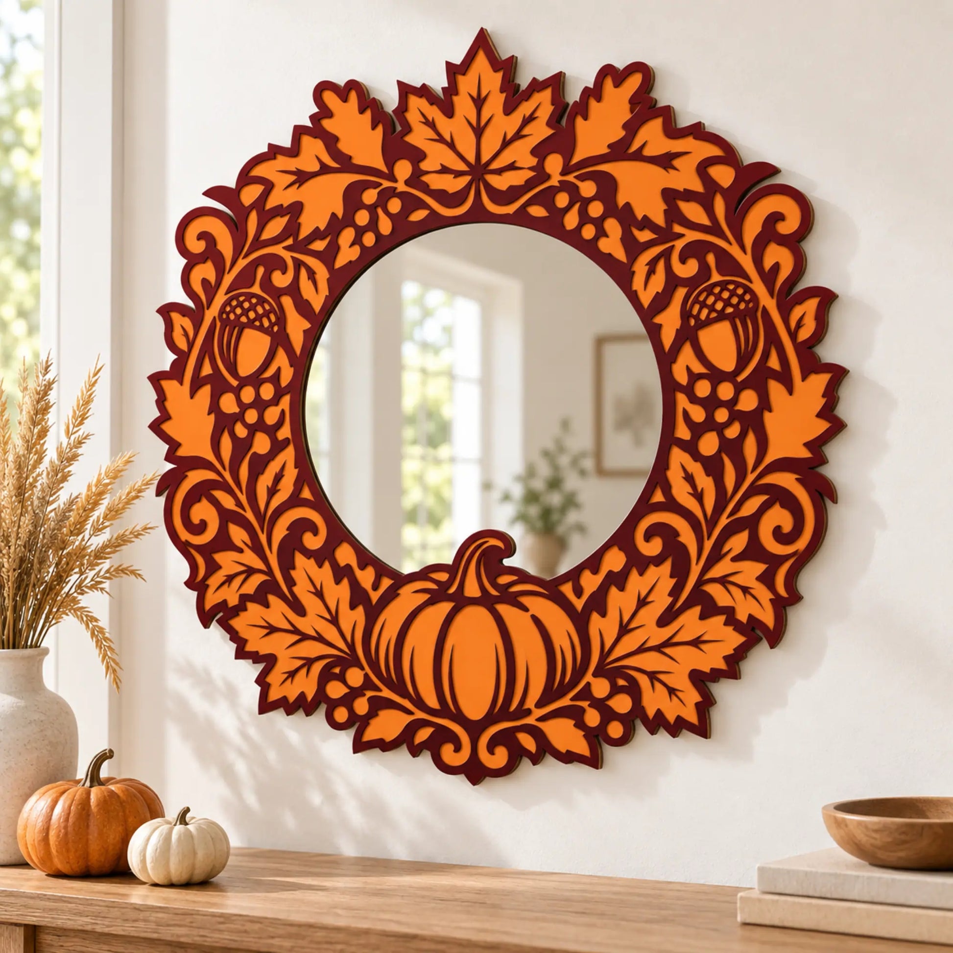 Laser-cut autumn plywood wreath displayed on a green front door with an open circular center.