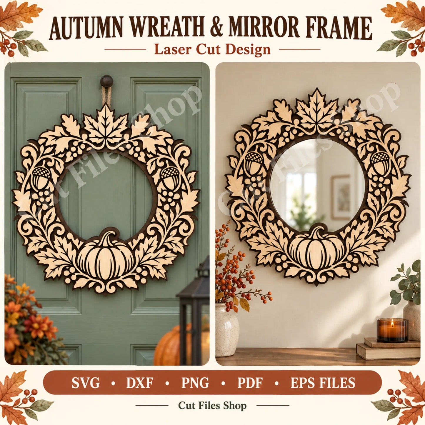 Autumn wreath and round mirror frame made from laser-cut plywood with pumpkin, acorns and maple leaves.