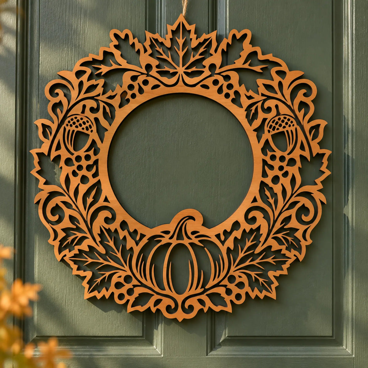 Decorative fall mirror frame featuring a pumpkin, acorns, berries, oak leaves and ornamental vines.