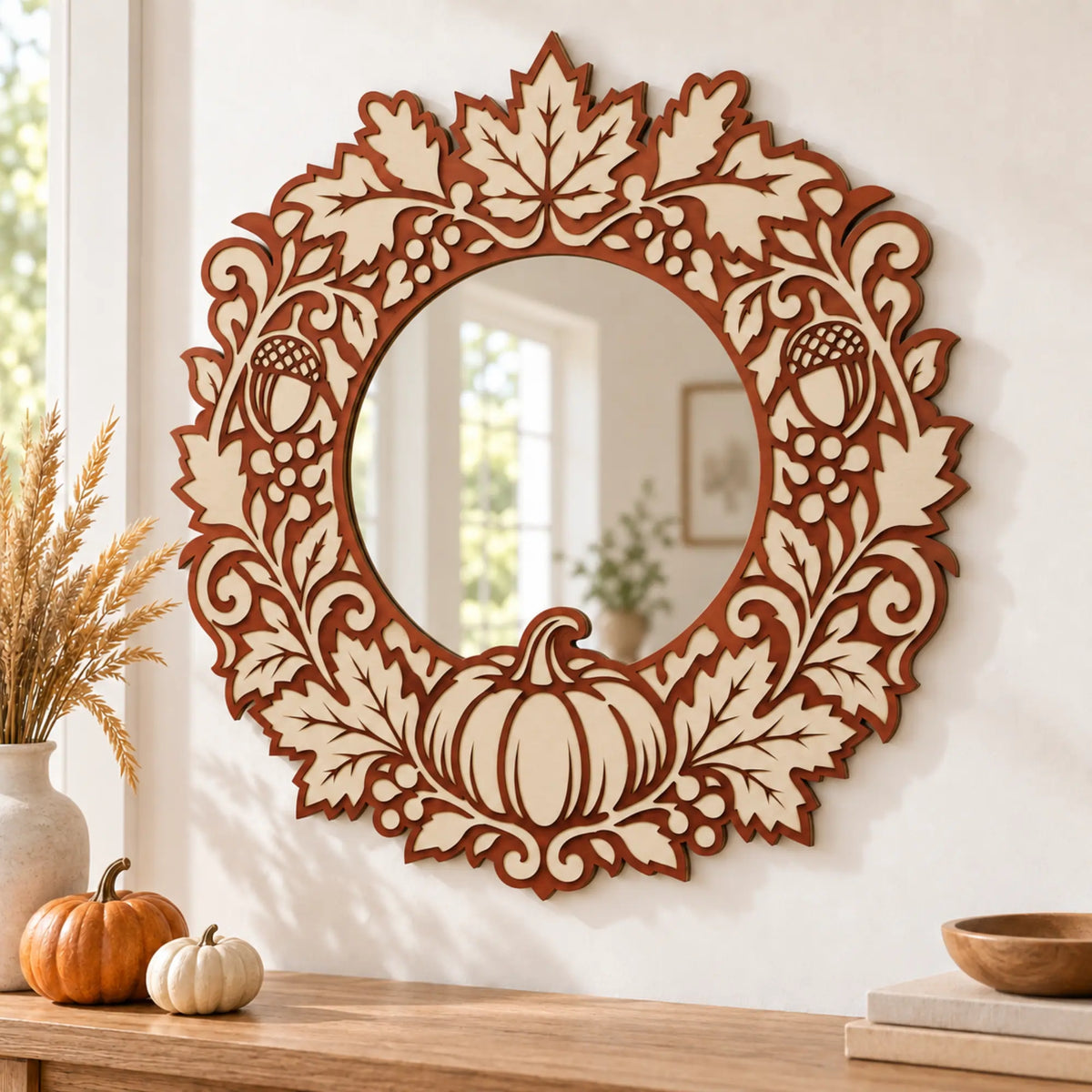 Autumn wreath SVG DXF laser cut design for plywood door hangers and seasonal wall decor.