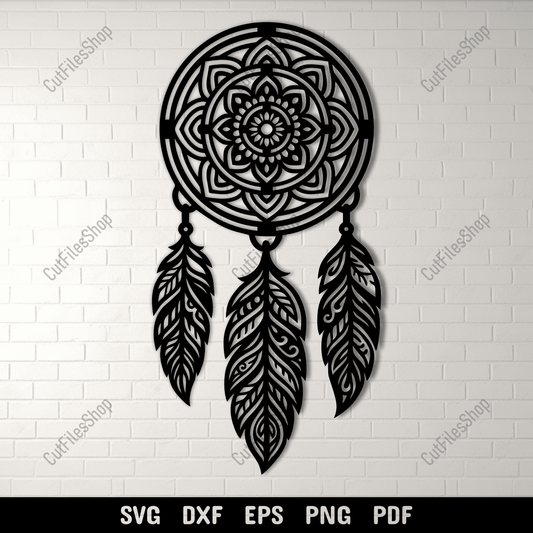 Dreamcatcher mandala SVG DXF design with feathers for CNC and laser