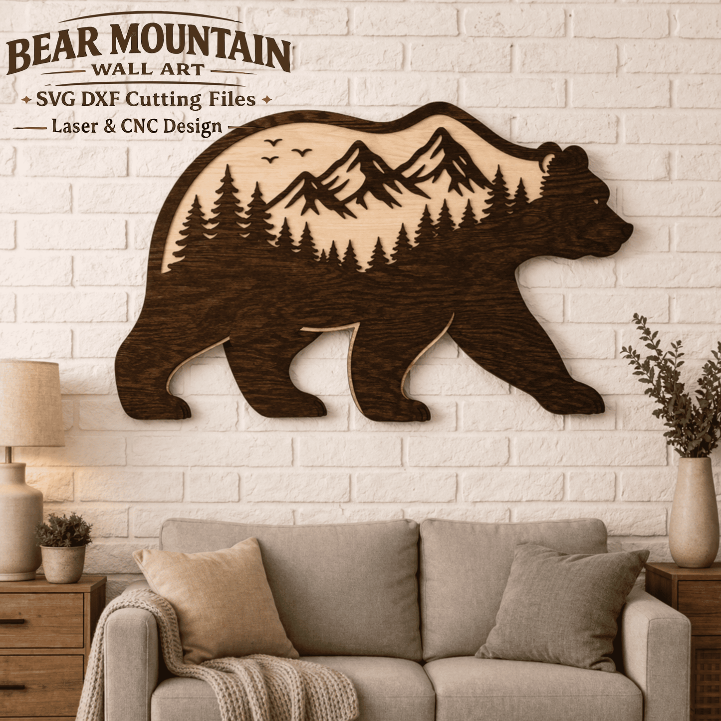 bear mountain svg dxf laser cut wooden wall art design