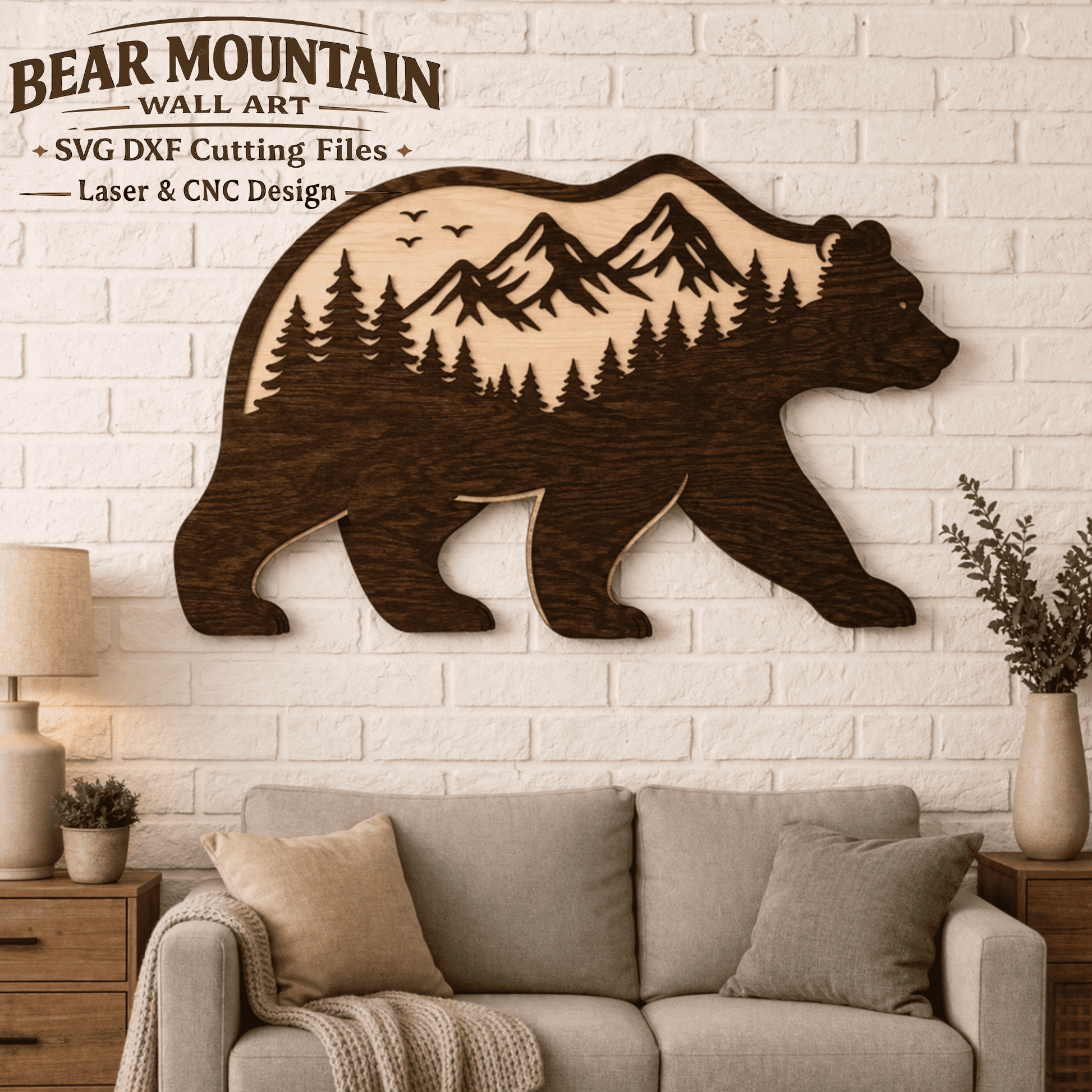 bear mountain svg dxf laser cut wooden wall art design