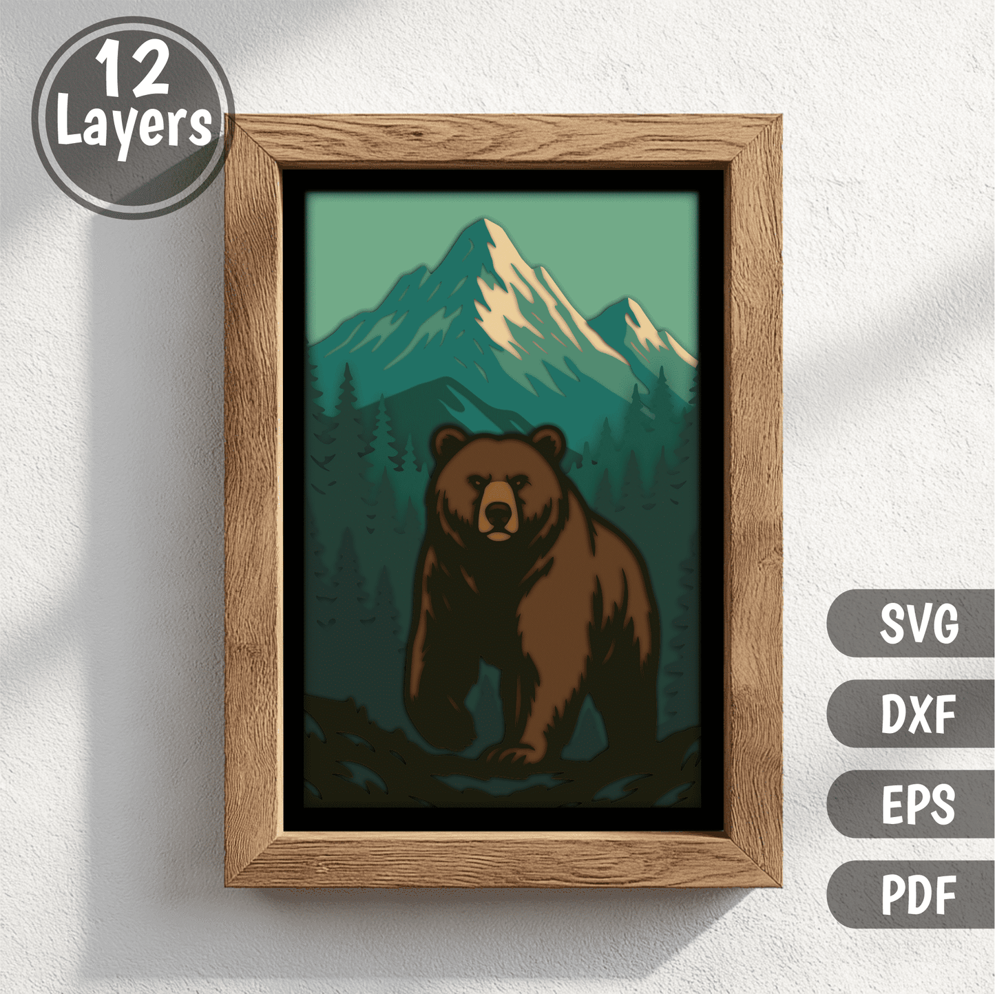 Bear in the mountains 3D shadow box layered SVG DXF EPS PDF design