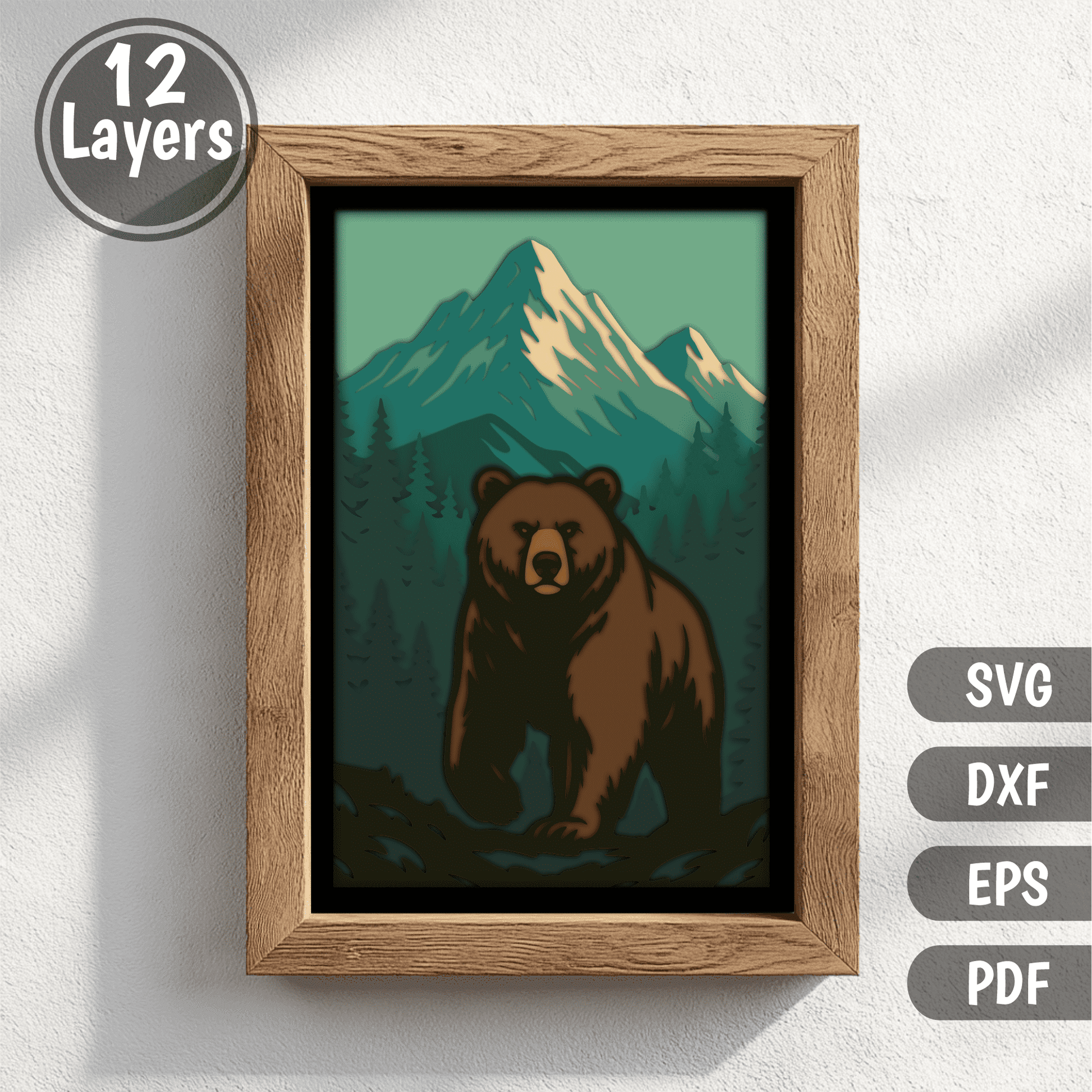 Bear in the mountains 3D shadow box layered SVG DXF EPS PDF design