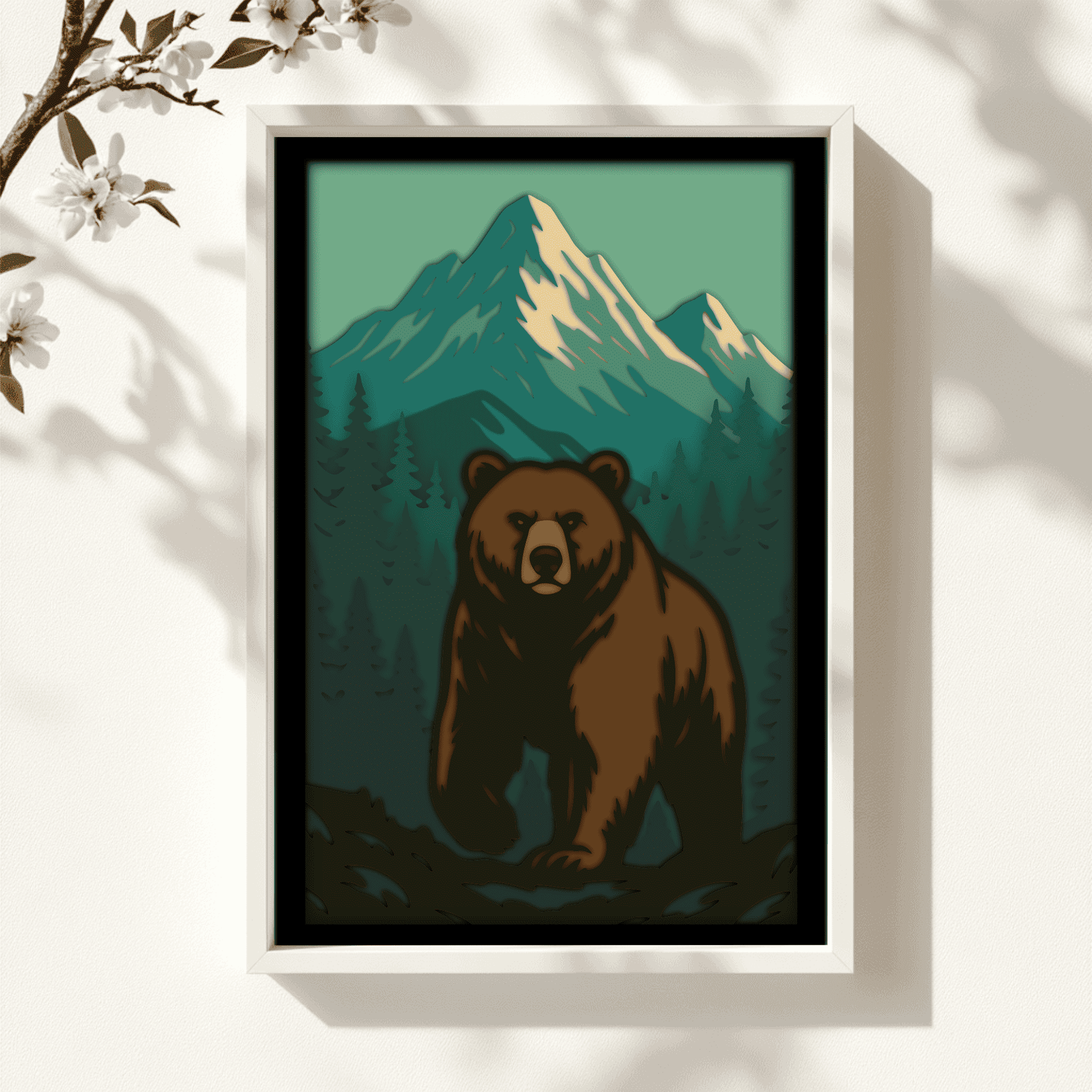 Nature wildlife 3D shadow box with pine trees and mountain scene