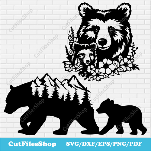 Bears DXF for Laser cut, Bears SVG for cricut, Silhouette stencils, Floral Bear Svg, Mama Bear Svg, bear cnc designs, bears scrapbooking svg, forest bear dxf, bear mountains dxf, forest bear dxf for laser, baby bear svg, dxf for metal wall decor, pine forest dxf, craft machine files, dxf cut files for cnc router, wall art dxf, bears t-shirt design, bears stickers svg