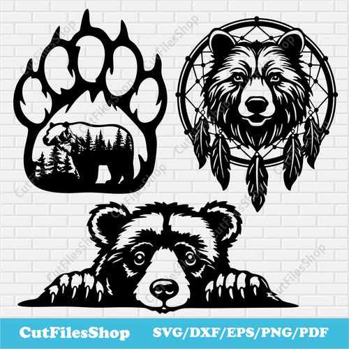 Bears Dxf for Laser, Bear Dreamcatcher Svg, Peeking Bear Svg, Forest bear dxf, Mountains bear dxf, cnc cutting files, bears wall decor dxf, nature svg, wildlife dxf, wall metal decor dxf, free download dxf files, svg for cricut project, forest dxf, Bear Paw Dxf