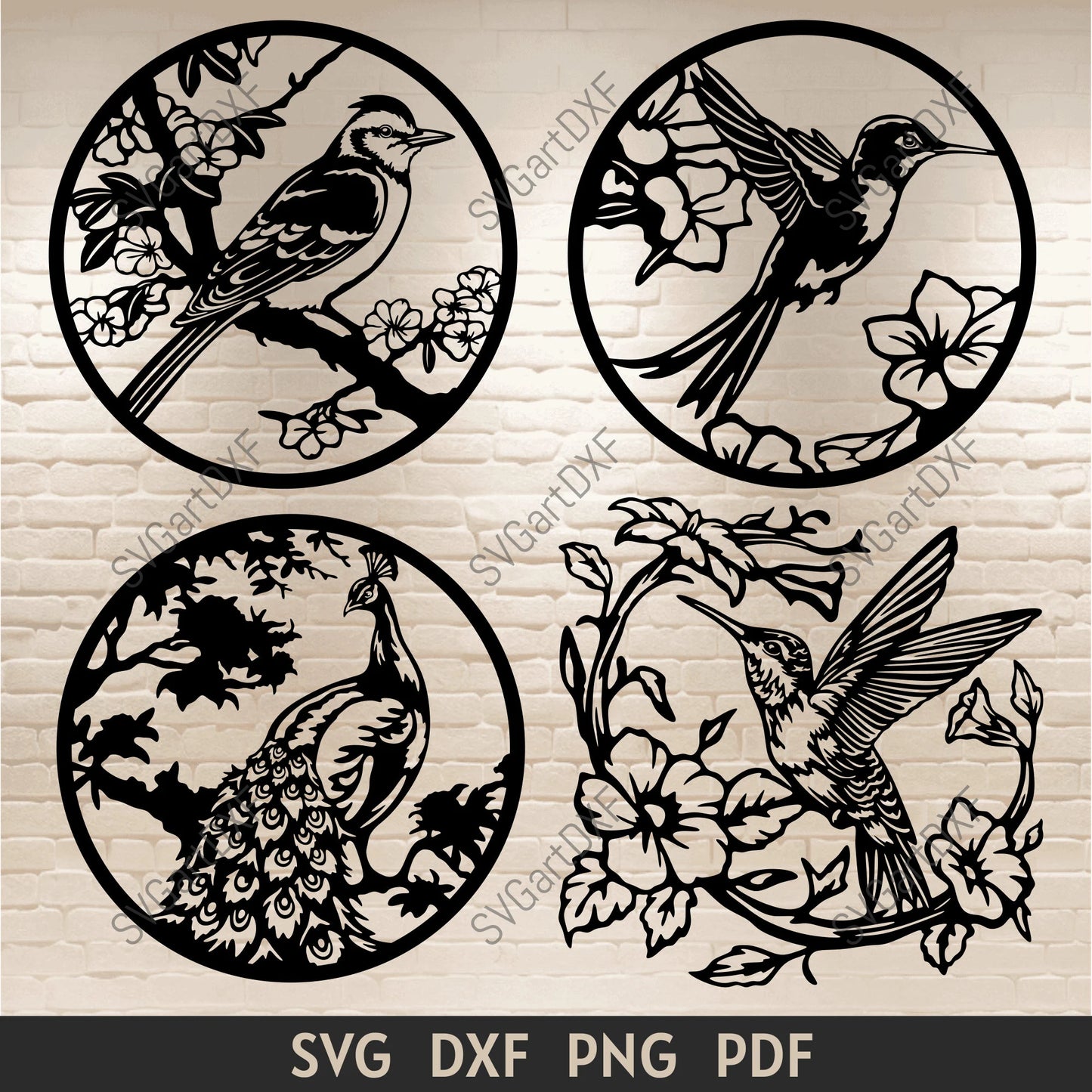Floral bird SVG bundle featuring hummingbirds, a peacock and a woodpecker in four decorative cut-file designs.