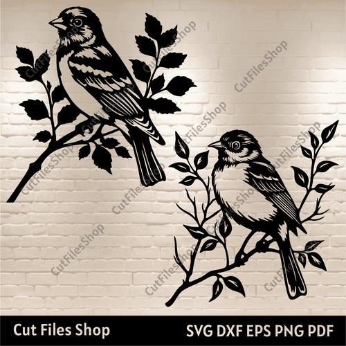 Bird on Branch Svg cut files for Cricut, Birds Dxf for Laser cut, Dxf for CNC, Sparrow Silhouette Cut files, sell svg files, Cutting files for cnc, Sublimation designs, wall decor DIY, birds wall decor dxf
