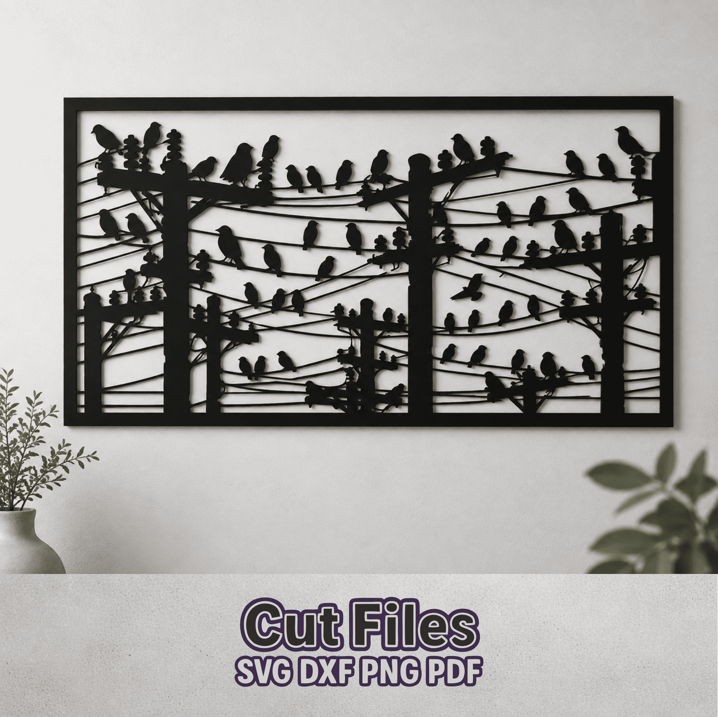 Birds on power lines SVG DXF laser cut metal wall art panel featuring utility poles, electrical wires and detailed bird silhouettes.