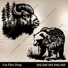 Load image into Gallery viewer, Bison in the forest Svg, Bear nature Svg, Cutting files for Cricut, Dxf for Laser cut
