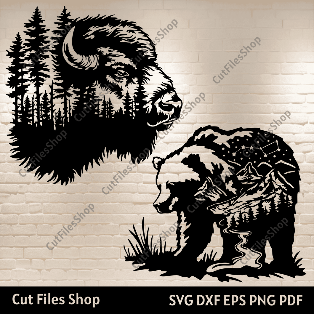 Bison in the forest Svg, Bear nature Svg, Cutting files for Cricut, Dxf for Laser cut