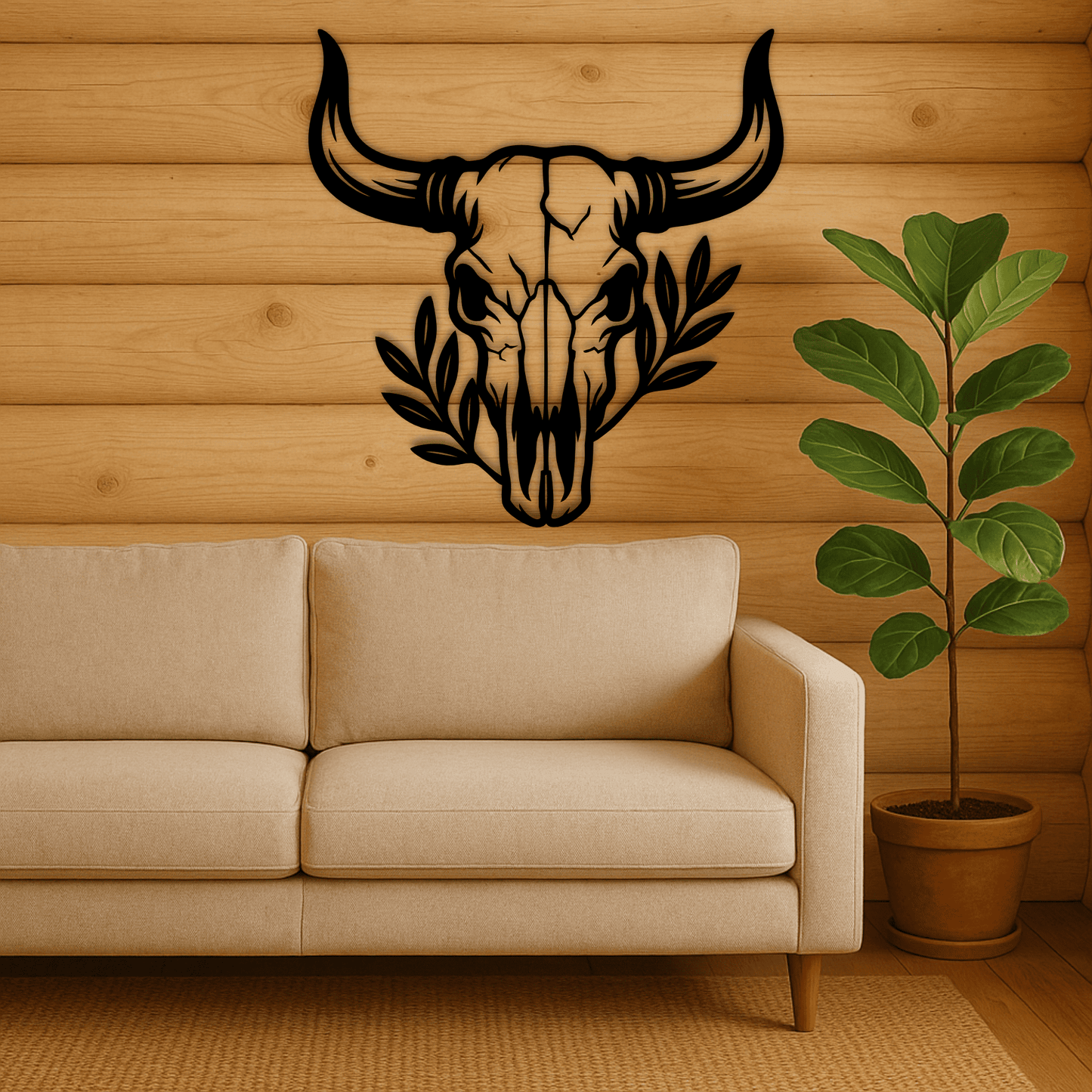 Bull skull outline with leaves for crafts