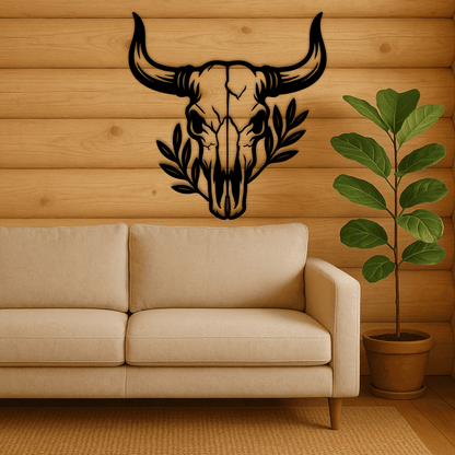 Bull skull outline with leaves for crafts