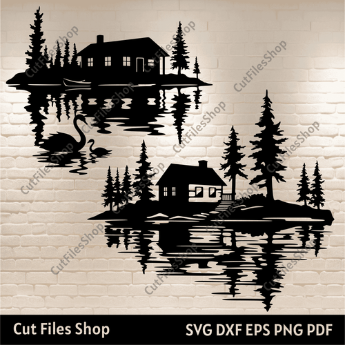 Cabin on a lake Dxf for Laser cut, swan on a lake svg, Cnc cutting files, Dxf for Plasma, Svg for Cricut, wall decor diy dxf, gift for him DIY, swans svg, cnc router files, Silhouette studio images,  how to make svg files for cricut