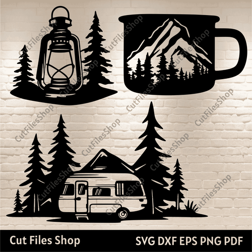 Camping svg cut files, Camping Lantern svg for Cricut, Mountain Svg, Travel Trailer svg, Dxf for laser cut, forest dxf files, metal wall decor cnc files, free dxf files, gift diy, crafting files, svg craft files