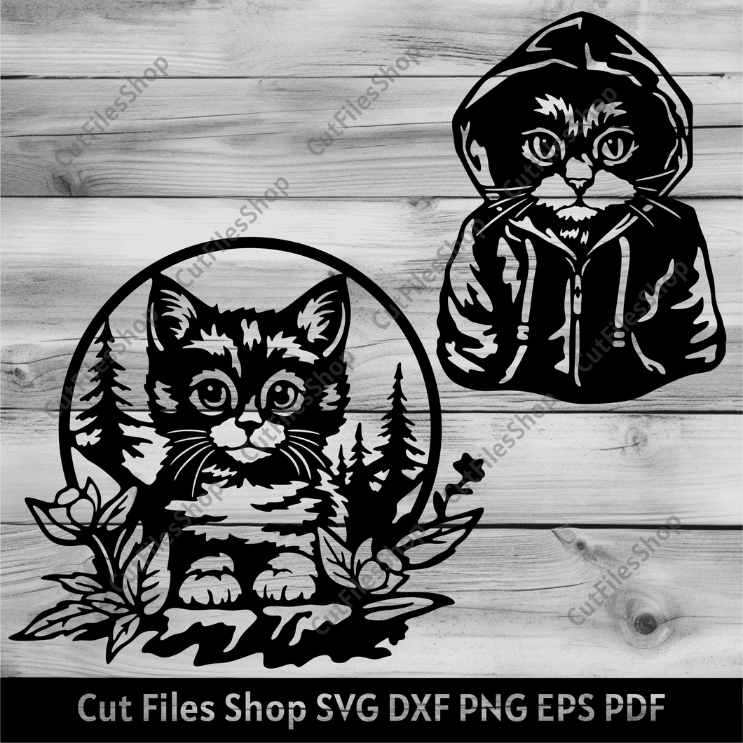 Cat in sweatshirt Svg, Cats cut files for Cricut, Cats dxf for Laser, Cat in the grass svg, Sublimation cats clipart, Silhouette cut files, cool cats svg, peeking cat svg, nature scene svg, pine forest dxf, cut files