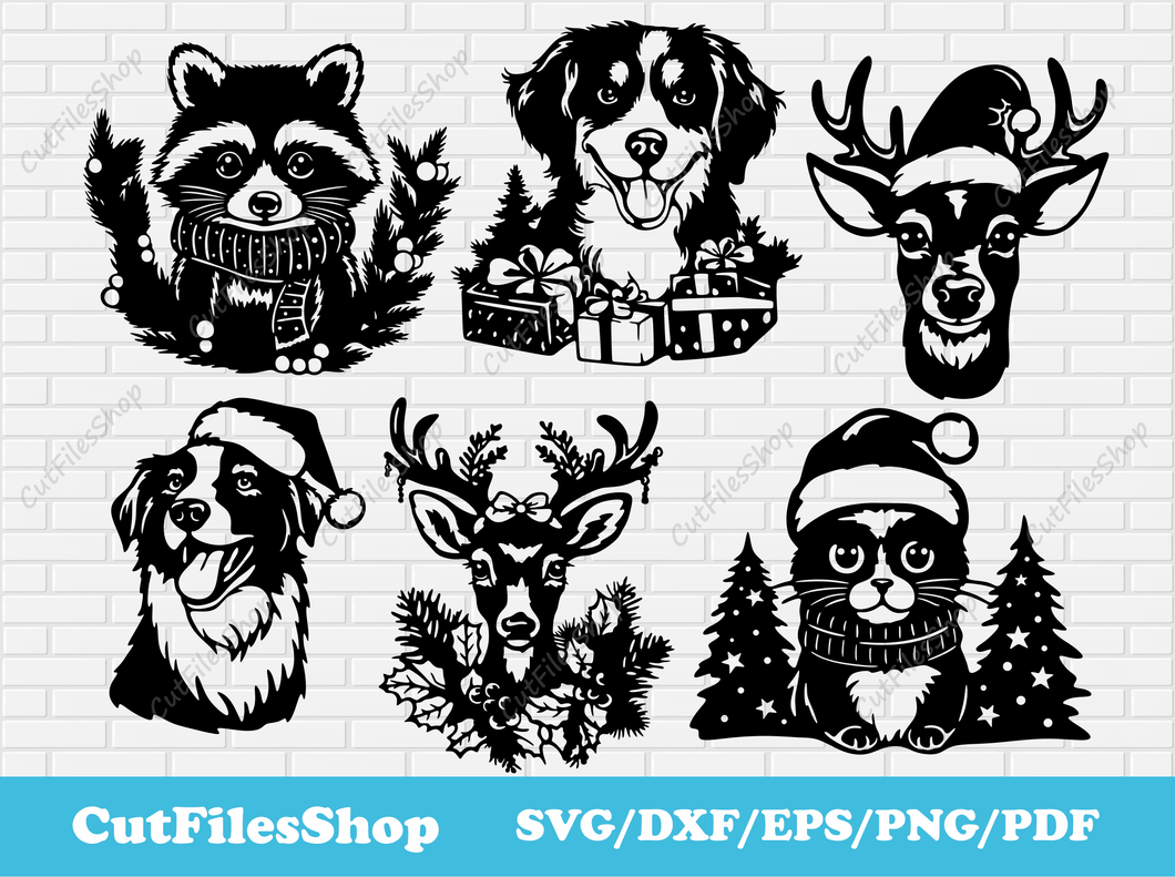 Christmas Animals Svg for Cricut, Animals for T-shirt design, Christmas Sublimation, Silhouette Christmas Animals, Dxf for laser cut, Christmas raccoon svg, Christmas deer svg, Christmas dog svg, Christmas cat svg, reindeer svg