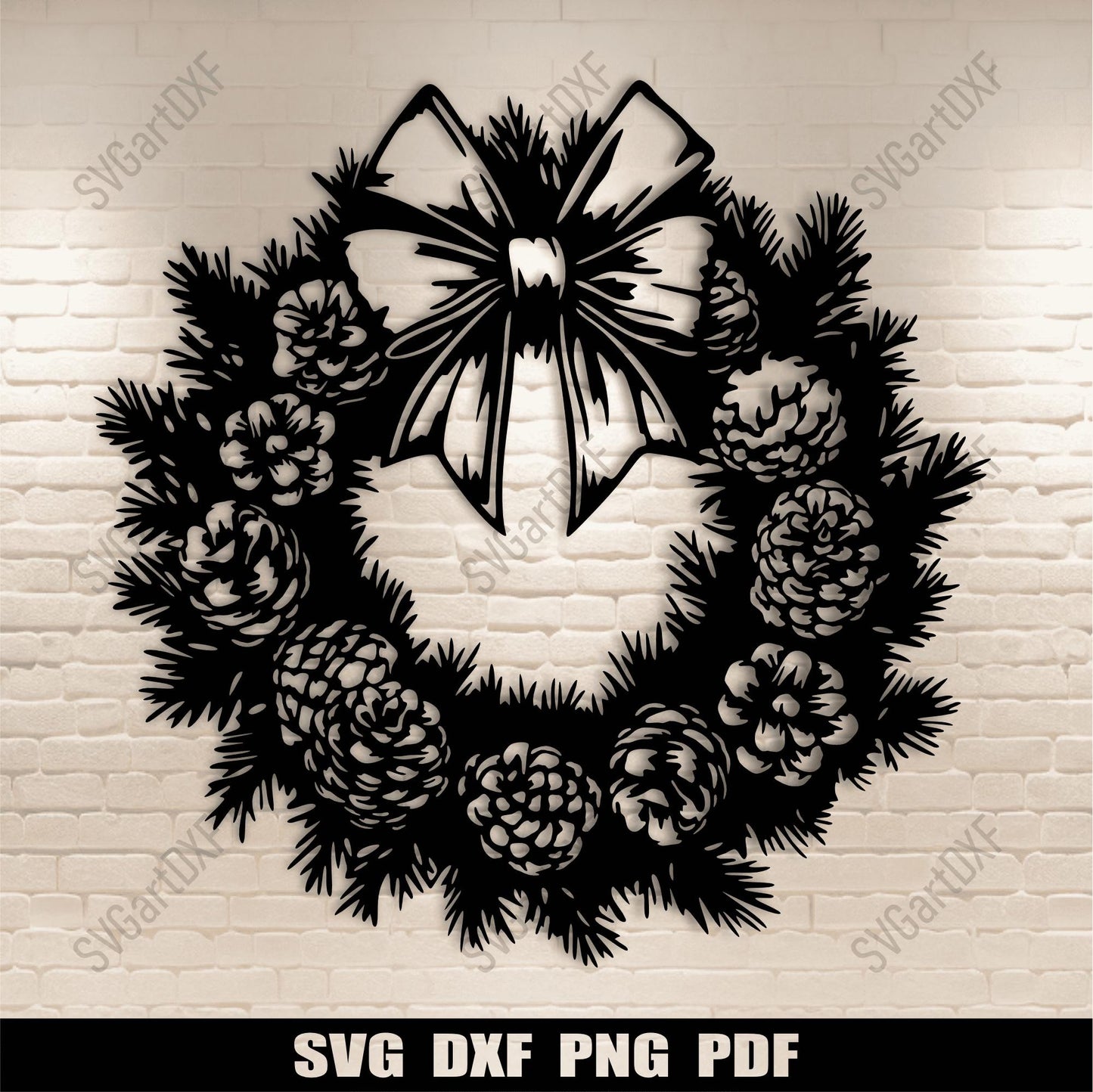 Christmas wreath SVG with pine cones and festive bow for laser cutting