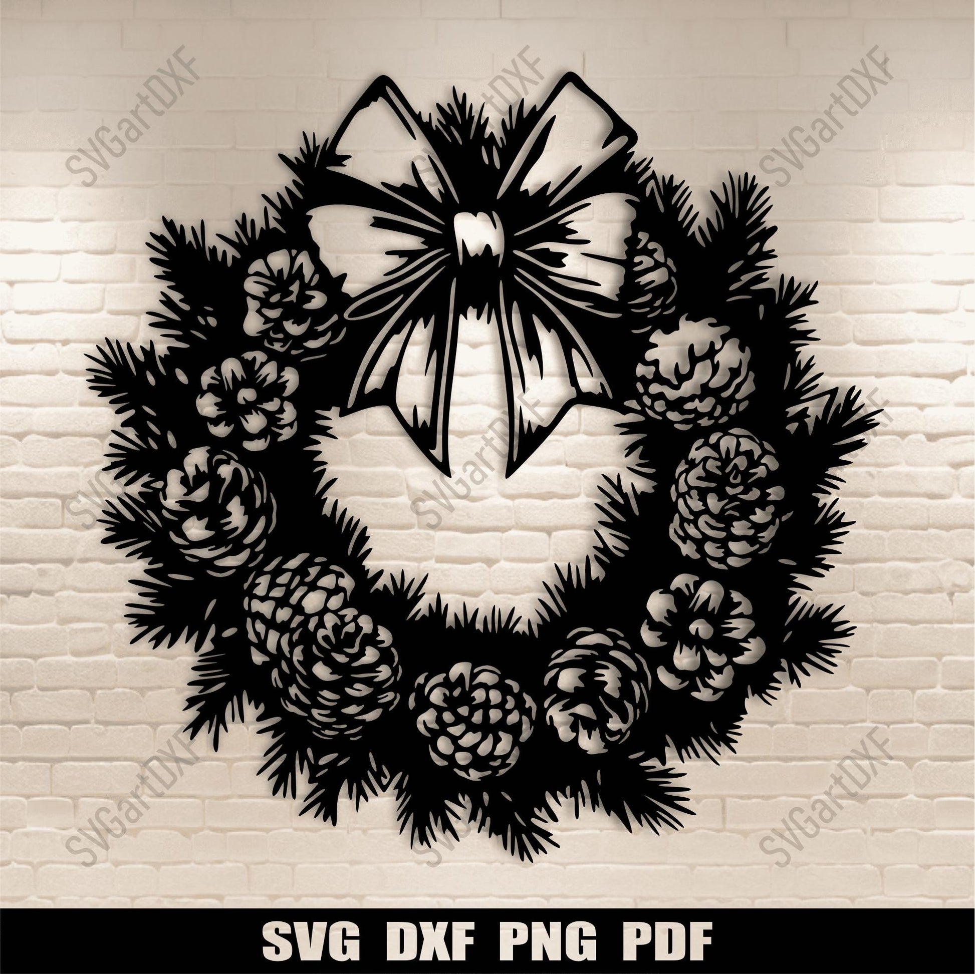 Christmas wreath SVG with pine cones and festive bow for laser cutting