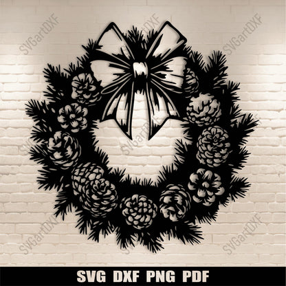 Christmas wreath SVG with pine cones and festive bow for laser cutting