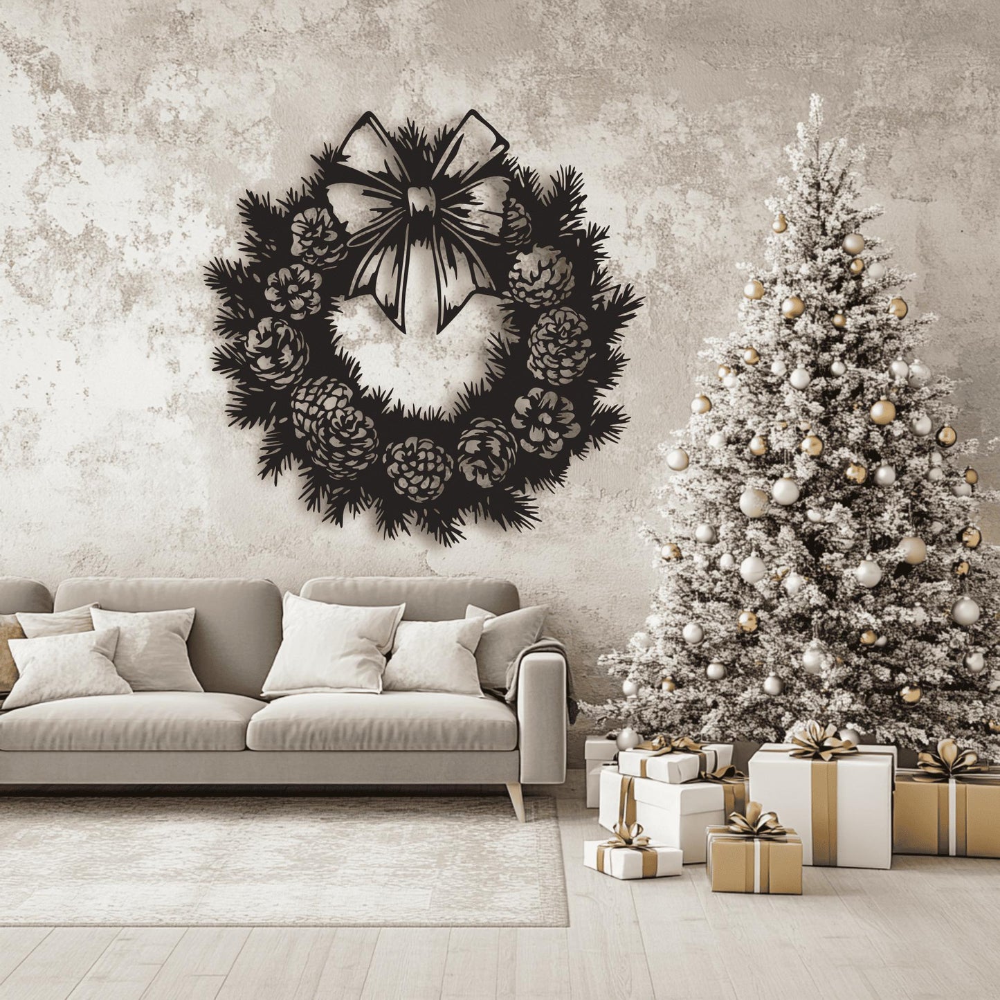 Pine branch holiday wreath DXF file for metal and wood wall décor